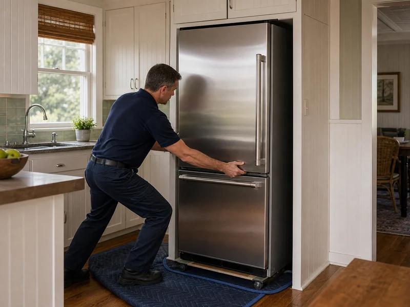 Technician sliding a Sub-Zero 650 out of a tight alcove in a renovated 1950s Jacksonville Beach cottage kitchen