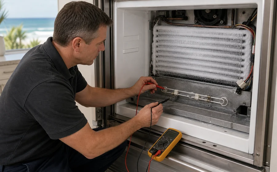 Technician inspecting a hardened door gasket behind cabinet condensation on a Sub-Zero built-in in a Jacksonville Beach kitchen