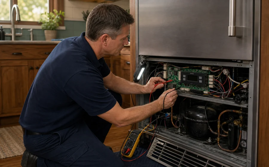 Technician reading control board error history on a Sub-Zero BI-36U in a South Jax Beach cottage kitchen