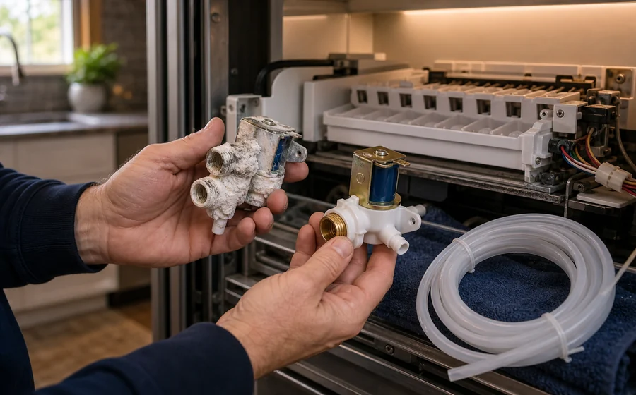 Technician replacing a scaled water inlet valve on a Sub-Zero BI-42SD ice maker in a Jacksonville Beach kitchen