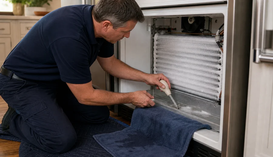 Technician clearing a frozen defrost drain on a Sub-Zero 650 in a renovated Jacksonville Beach cottage kitchen