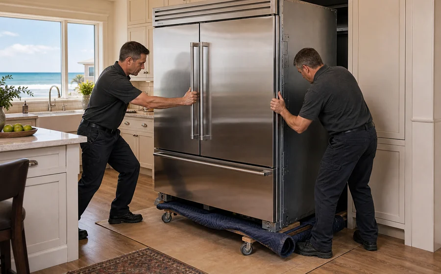 Two technicians pulling a Sub-Zero PRO 48 from its opening for sealed-system service in a Jacksonville Beach kitchen