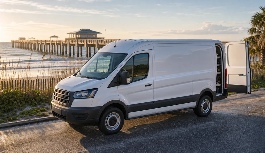 Service van parked near the Jacksonville Beach Pier before a morning Sub-Zero repair call